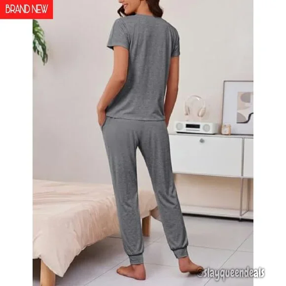 Soft Jogger Pajama Set with Pockets - Short Sleeve Lounge Wear